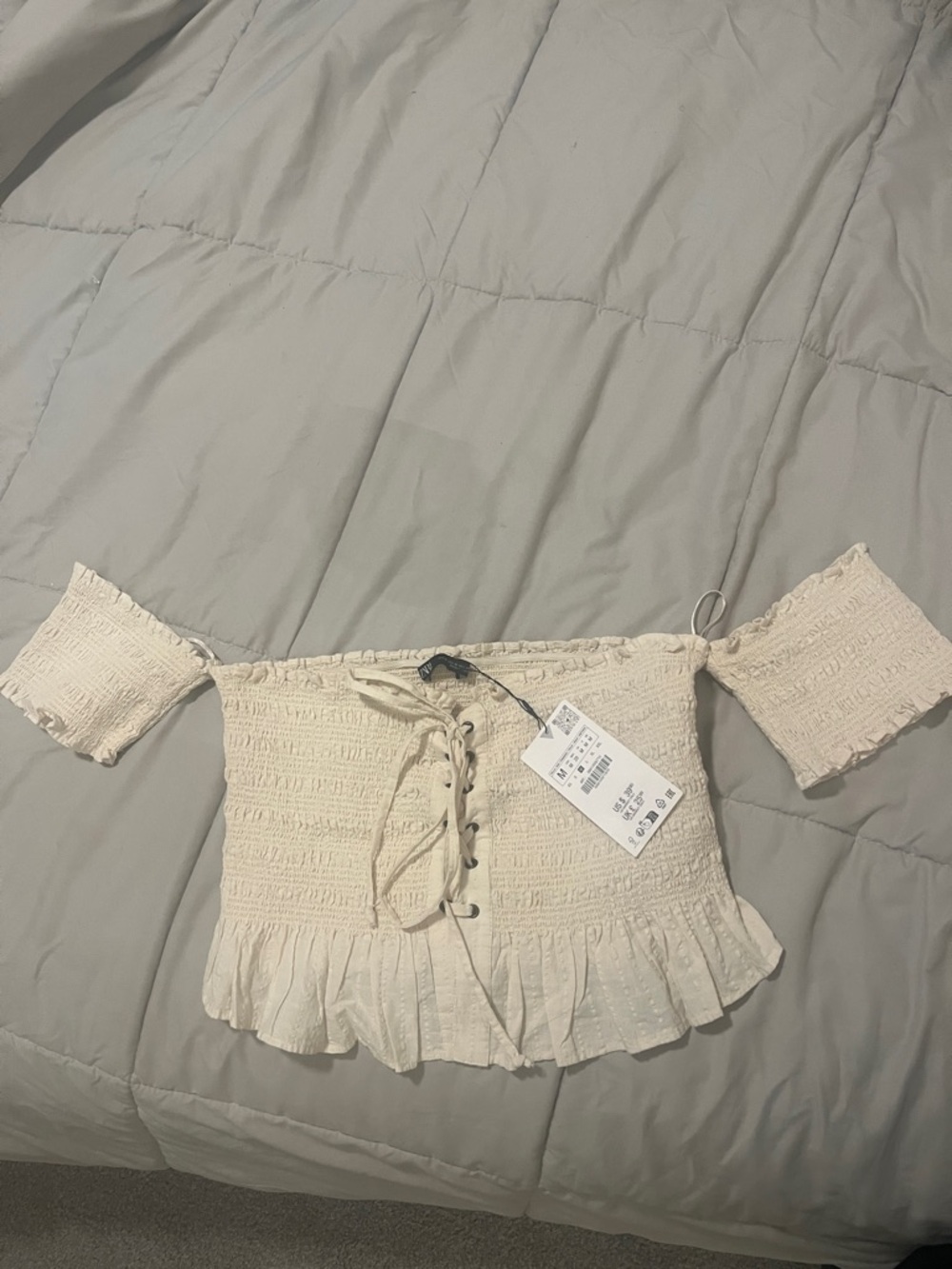 Zara Off-Shoulder Lace-Up Cream Smocked Crop Top